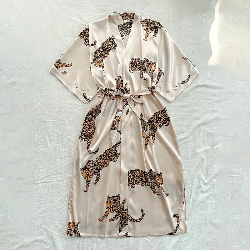 Ice Silk Nightgown Summer Thin Simulation Silk Leopard Print Simple Home Wear Sexy Cardigan Lace Up One Size Bathrobe for Women