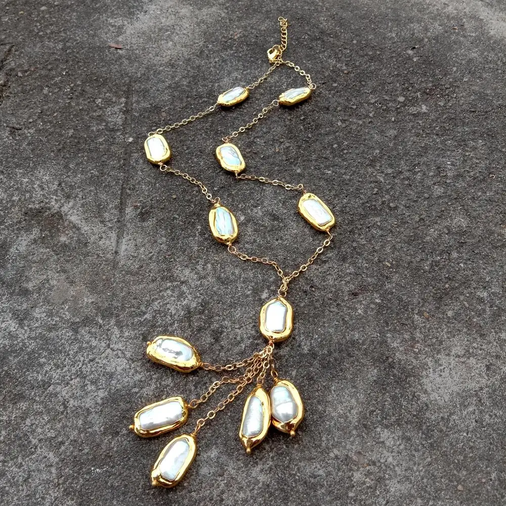 YYGEM  Gold color Plated Link Chain natural Freshwater Cultured White Biwa Pearl  Necklace 19\