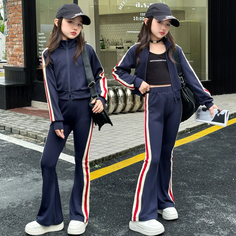 Ensemble de Vêtements de dehors Décontractés pour Fille, Manteau Court à Rayures et Pantalon à Cloco