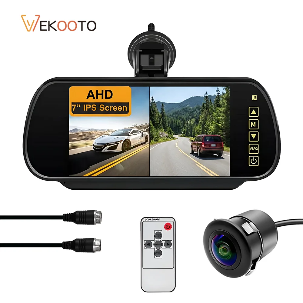 7 Inch IPS 2-split Screen Car Rear View Mirror Monitor DVR Recording 2CH 4-pin Aviation Connector 12-24V AHD 1080P Truck Camera