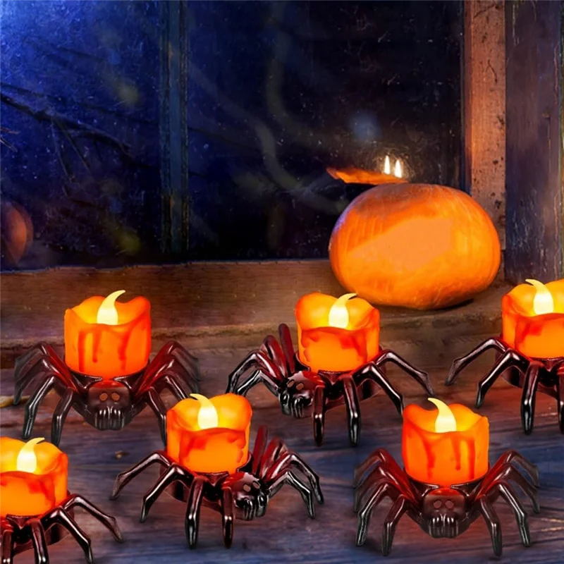 12 PCS Halloween Tea Lights Candles, Halloween Spider Tealights Spooky Electric Flickering Candles for Halloween