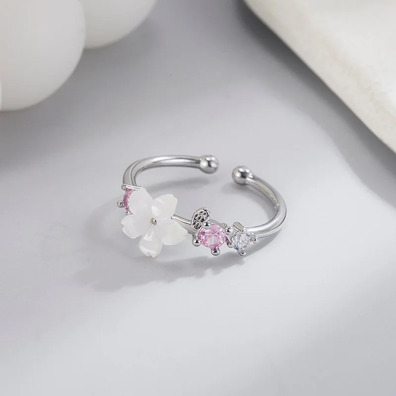 Neuer Kristallblumen-Zirkon Offener Ring Kirschblüten Sakura-Blatt Verstellbare Hochzeitsringe für Frauen Süßes Schmuckgeschenk – Detail 9