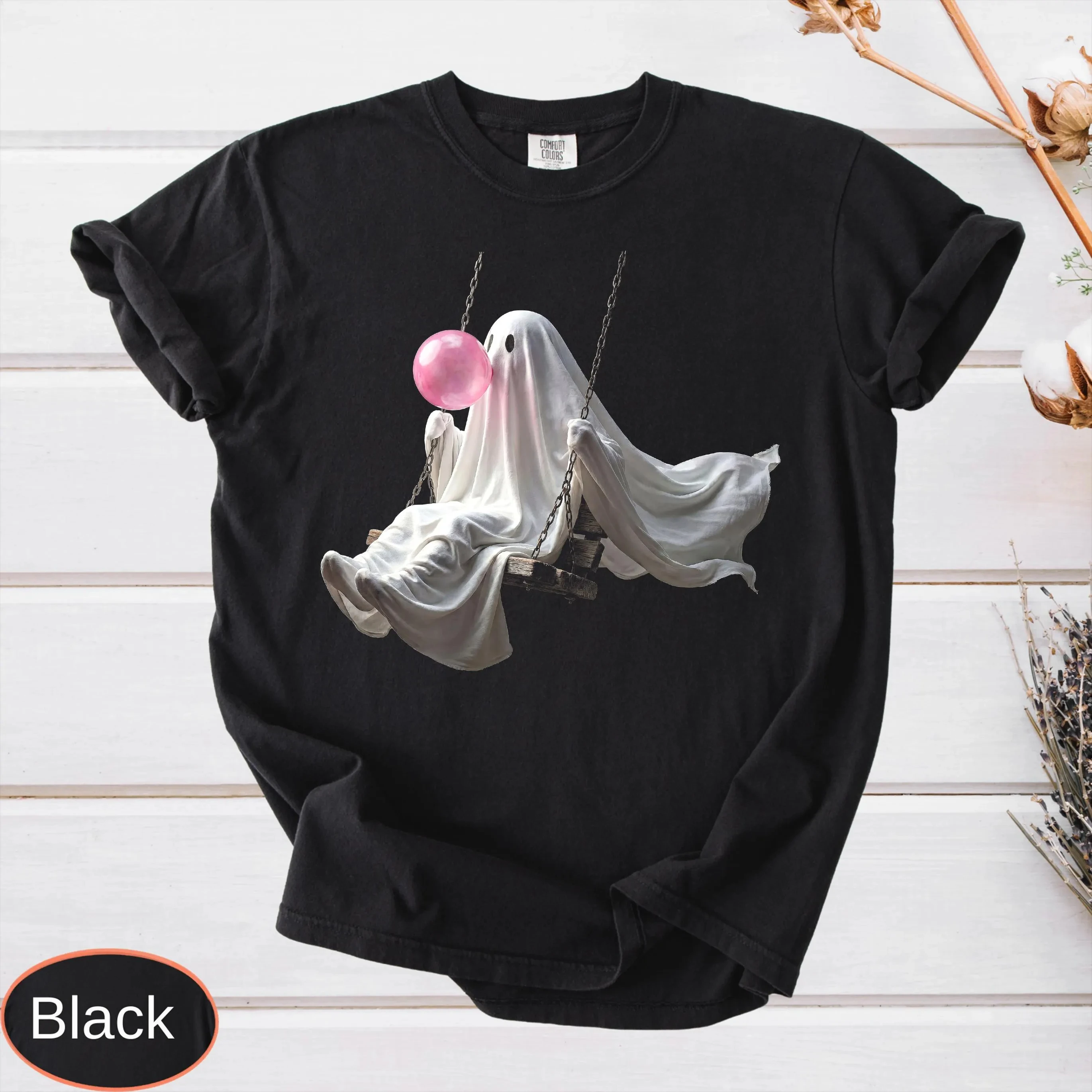 Comfort Colors Ghost Swinging Bubblegum Shirt, Spooky Season Trendy Apparel, Pink Bubble Halloween T-Shirt