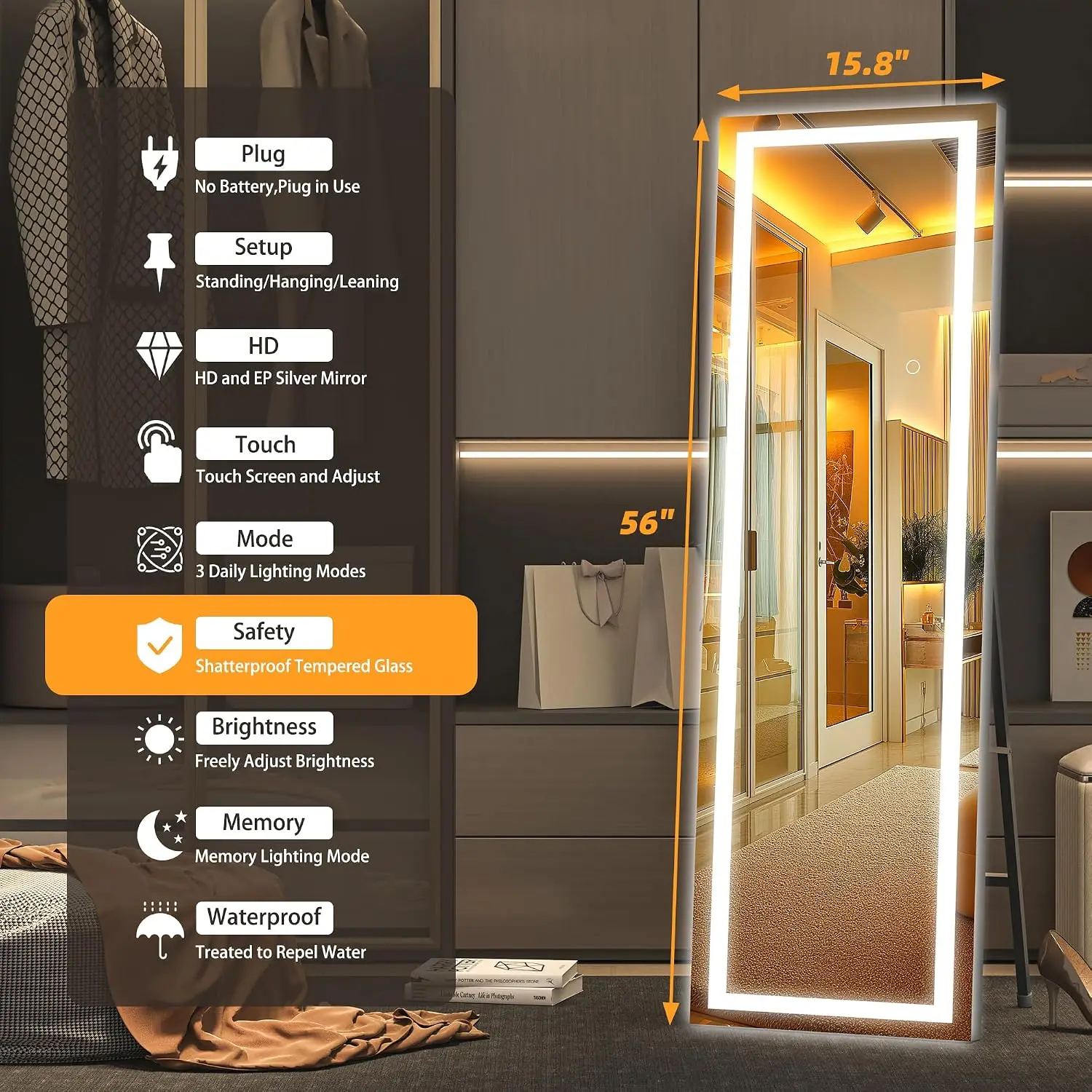 Full Length Mirror Lights 56 X 15.8 LED Floor Full Body Dressing Standing Hanging Mounted Square Black