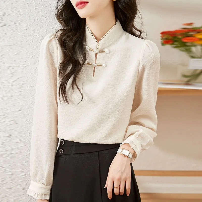 Fashion Stand Collar Women Blouse Long Sleeve Chiffon Blouse Shirt Women Tops Blusas Para Mujer Camisas Blusas Para Mujer M458