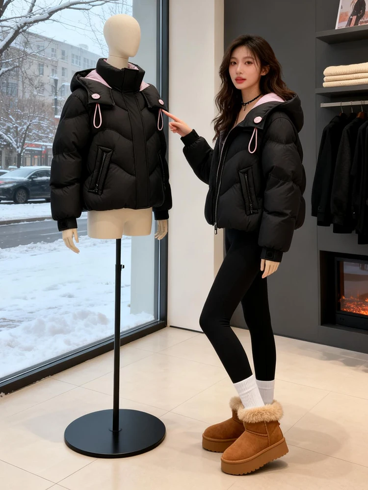 

Women's Fce Lined down Jaet ort Thi Warm Bread Sle Coat Korean Loose Fit Long Sve Zipper Closure Color