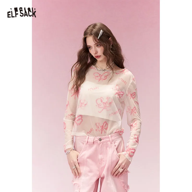 

ELFSACK Sweet Casual All Over Print Long Sleeve T-Shirt with Lightweight Sheer Fabric, Relaxed Fit Tops for Women's Daily Outfit