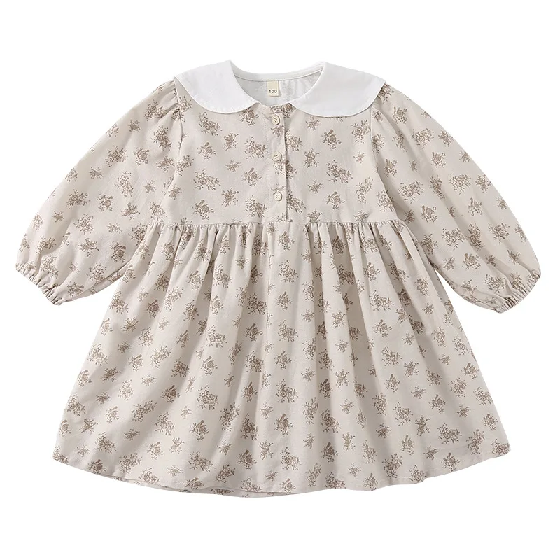 2025 Primavera Nuovi bambini Manica lunga Abito casual Ragazze in cotone Abito floreale in cotone Neonata Abito da principessa carino Abbigliamento per bambini