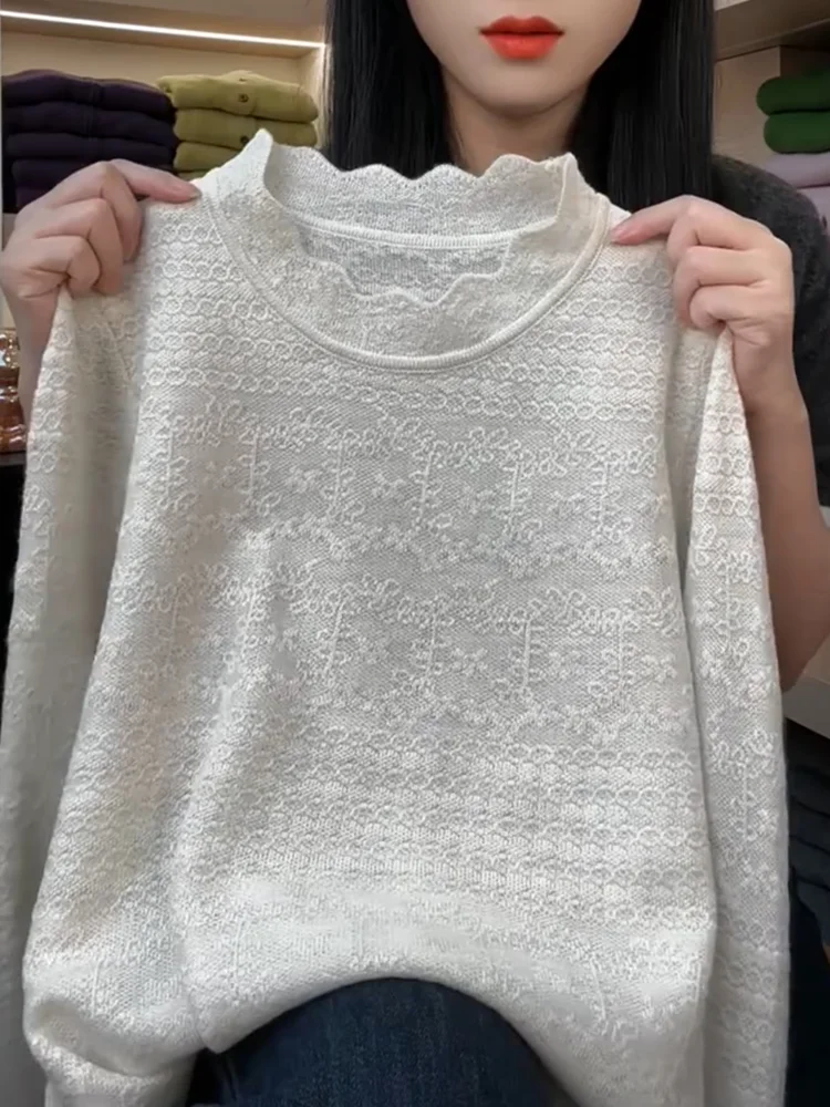 

Autumn New Sle Large Size Knitted Sweater Women's Faionable Versatile Lace Splicing Embroidery Design Korean Loose Fit Lo...