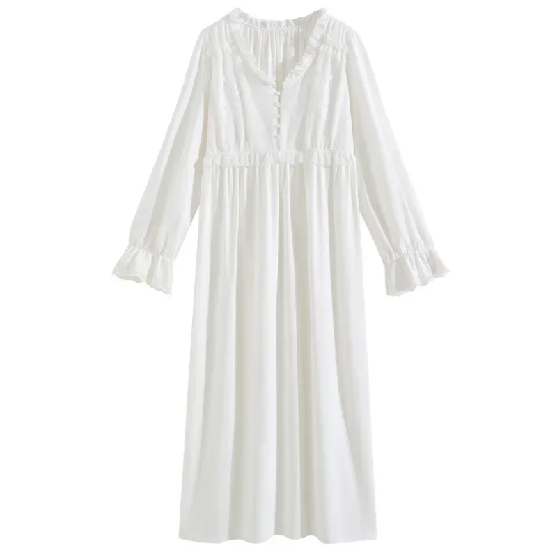 

Женская ночная сорочка с V-образным вырезом и кружевом, длинная хлопковая ночная рубашка с цветочной вышивкой для сна и отдыха