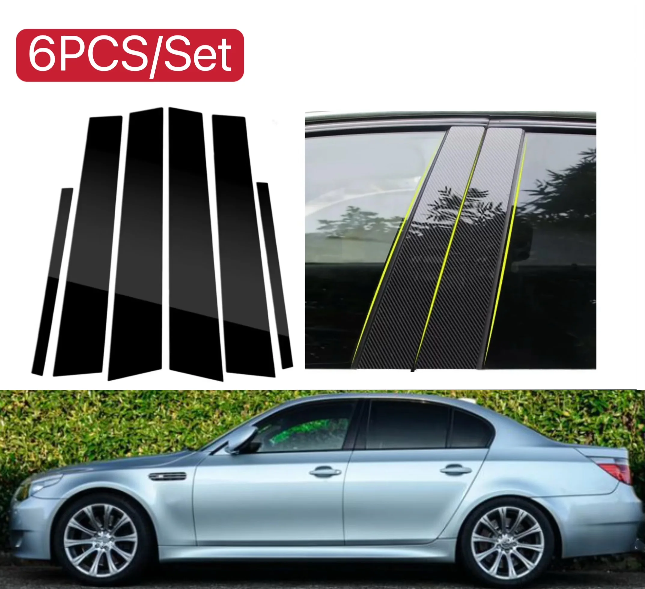 

6PCS Glossy Black Carbon Pillar Posts Fit For BMW 5-Series E60 4-Door Sedan 2003-2010 Car Window Column BC Trim Sticker Cover