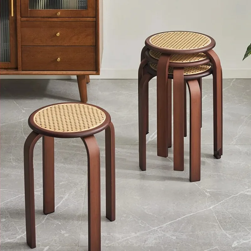 Bamboo Dining Stool Sturdy Rattan Makeup Chair Stackable Kitchen Seat Load-Bearing Restaurant Furniture