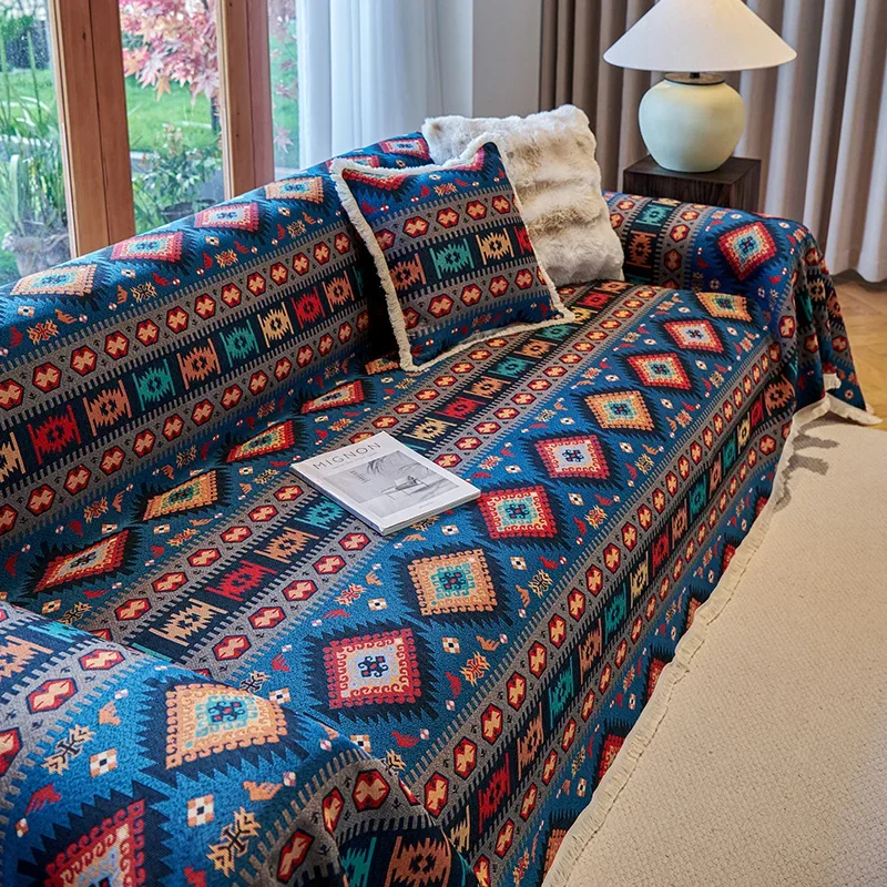 Boho Retro Sofa Cover Cotton and Linen Cloth Anti-Slip and Anti-Dirty All-Season Scratch-Proof One-Piece Sofa Covers Blanket