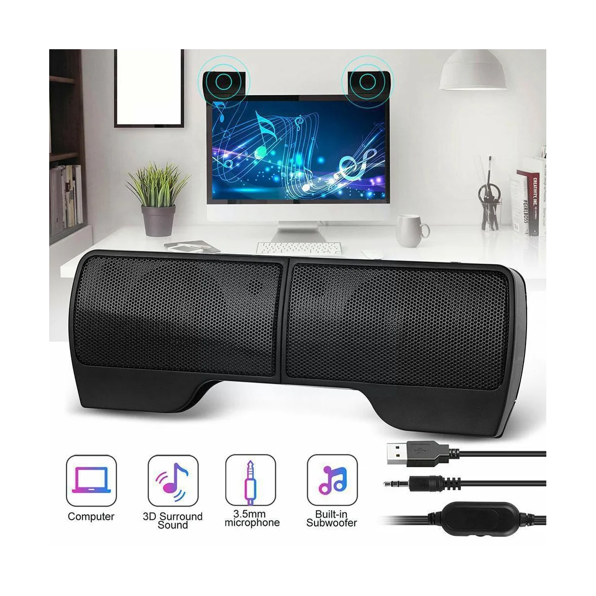 Mini Portable USB Stereo Speakers Line Controller Soundbar for Laptop Mp3 Phone Music Player PC with Clip