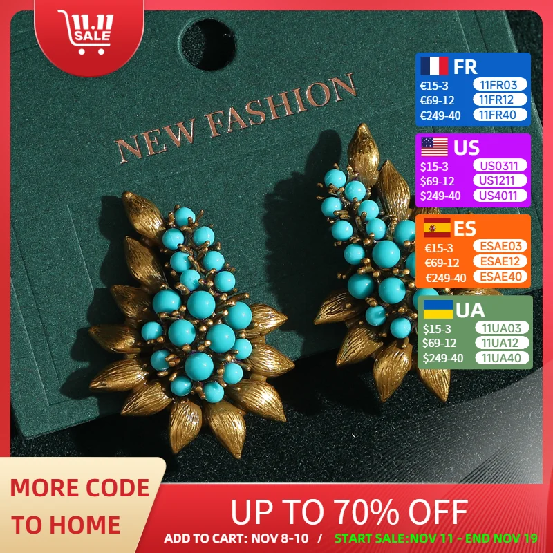 

Vintage Sea Blue Beads Tree Leaf Stud Earrings For Woman Turquoise Jewelry Antique Gold Color Bohemian Retro Outfits Luxury