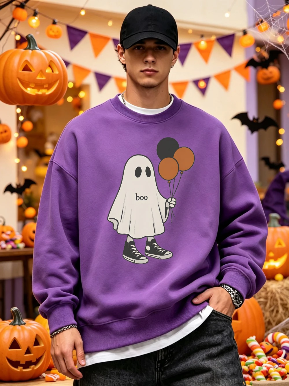 Halloween Ghost Holding A Balloon Sweatshirts Womens Basic Crewneck Hoodies Casual Loose Pullover Winter Fleece Warm Womans Tops