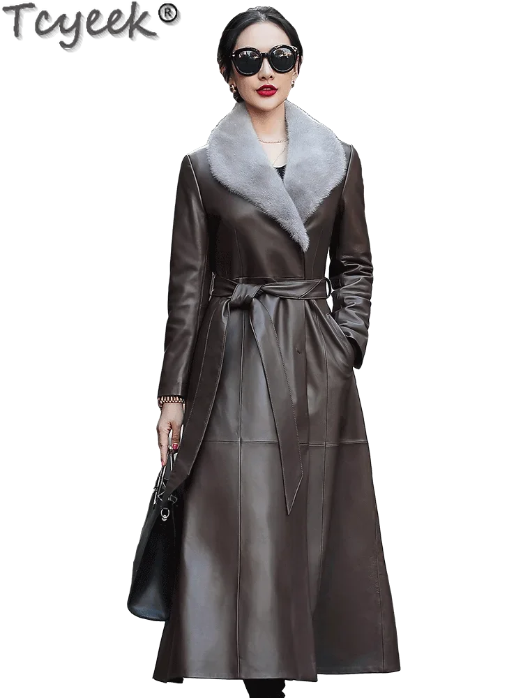 Tcyeek Echt Leren Jas Vrouwen 2024 Natuurlijke Schapenvacht Jas Middellange Trenchcoat Vrouw Winter Kleding Echte Nertsen Bontkraag