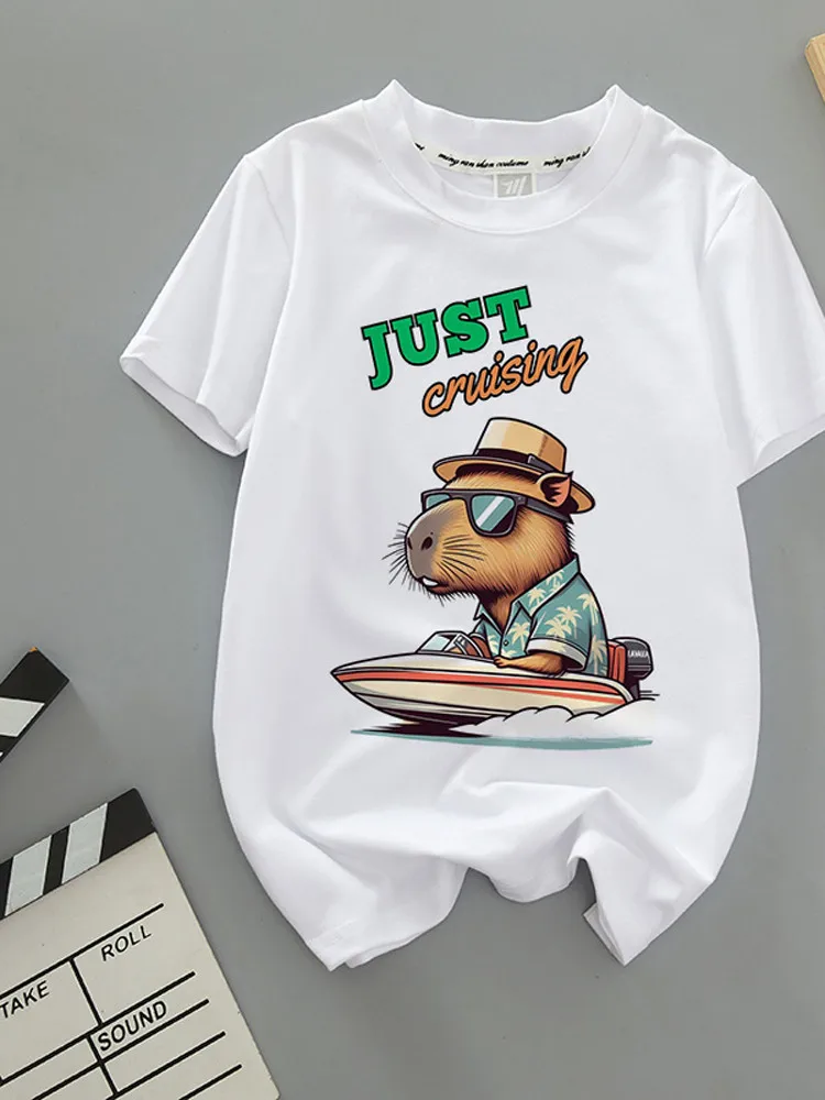 

Новинка 2025 года, летняя детская одежда с рисунком капибары, футболка с короткими рукавами и круглым вырезом «Капибара» для родителей и детей
