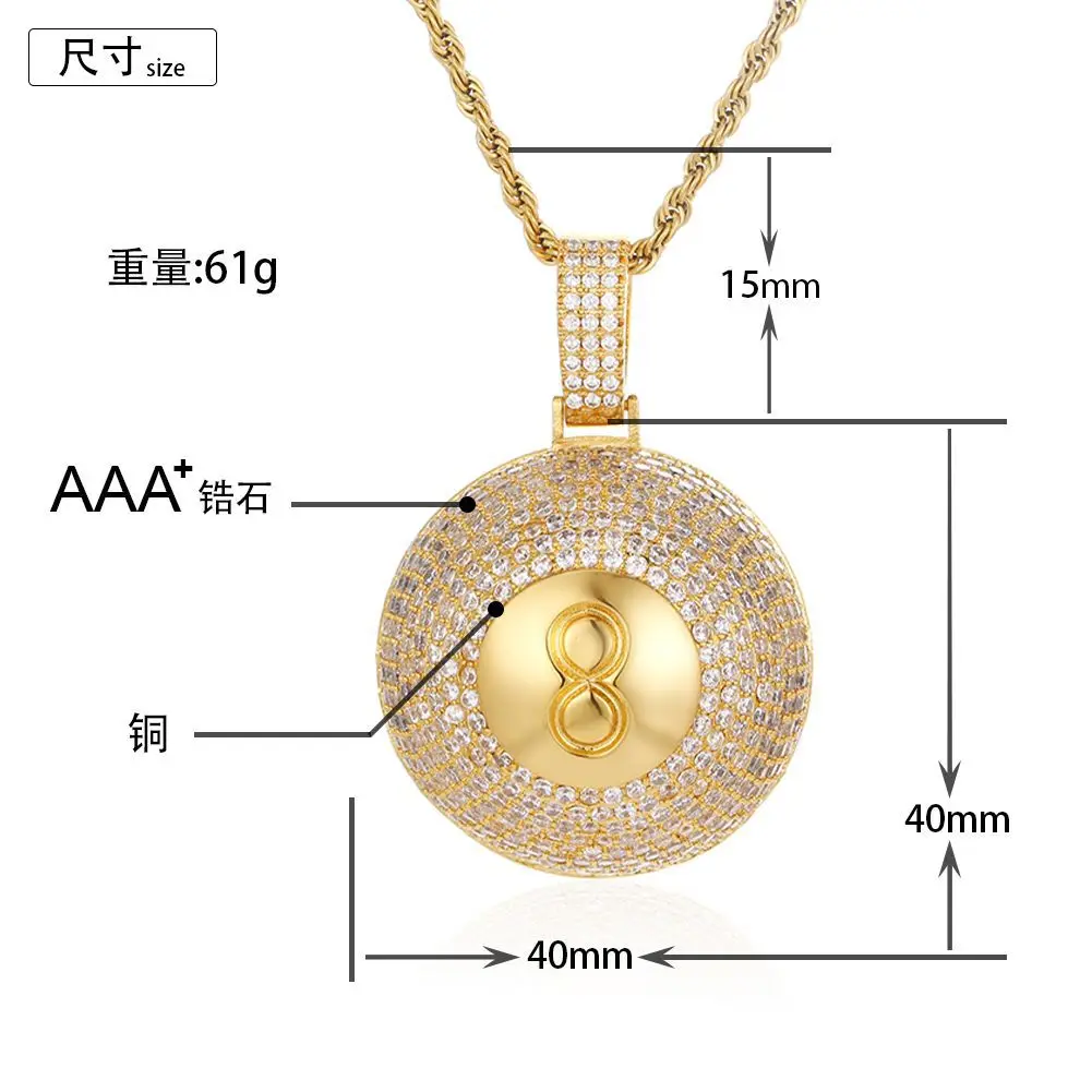 Hip Hop 5A+ CZ Stone Bling Iced Out Number 8 Table Tennis Ball Pendants Necklaces for Men Rapper Jewelry Gold Silver Color