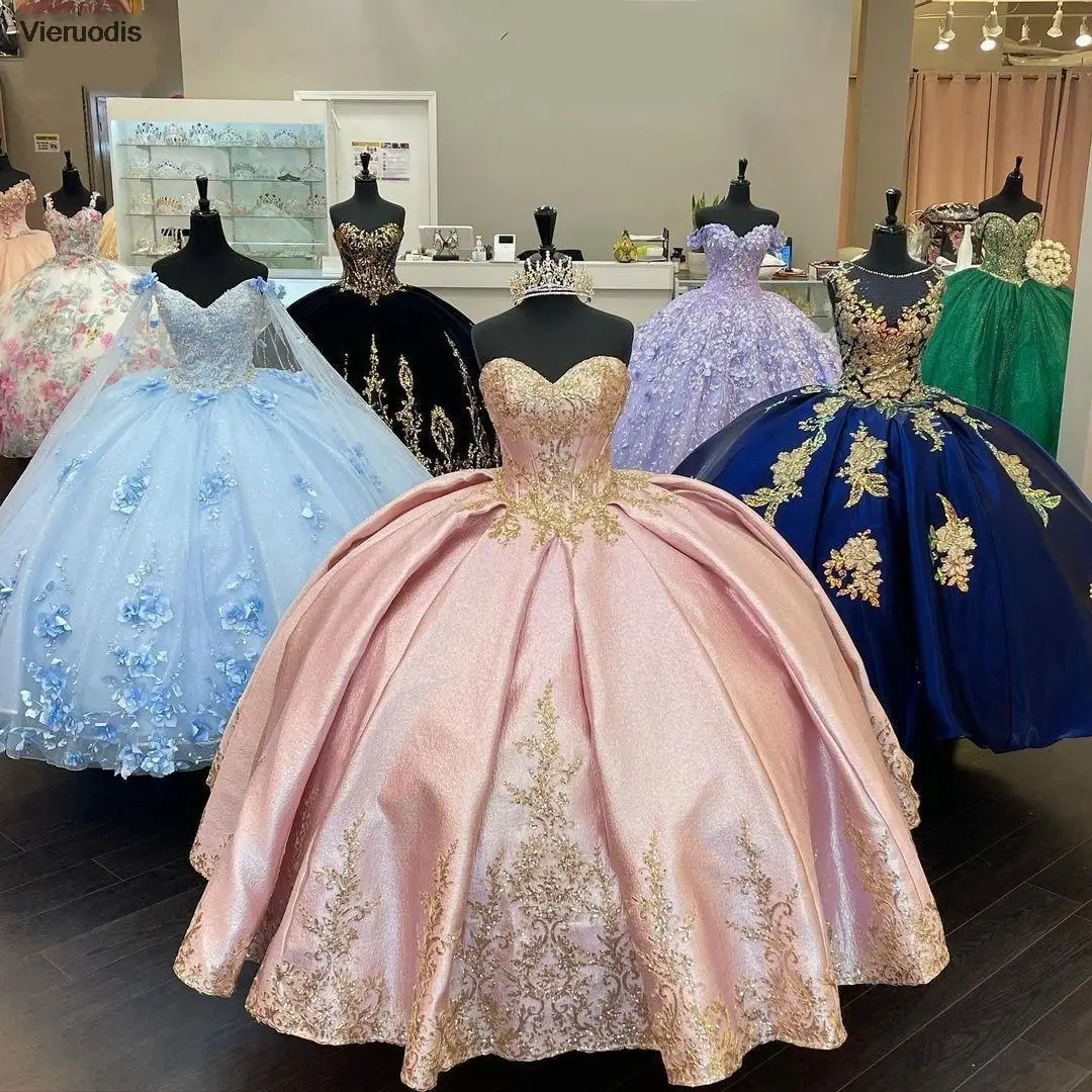 

Luxury Pink Gold Embroidered Quinceanera Dress Ball Gowns Woman Off The Shoulder Beaded Sweet 15 Dress 16 Girls Designer Party