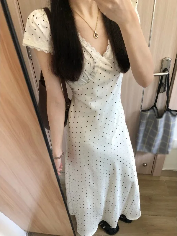 Sweet Polka Dot Slimming Long Dr Korean Sle Unique Beautiful Summer Faionable Women's Dr High Waist ort Sve V-...