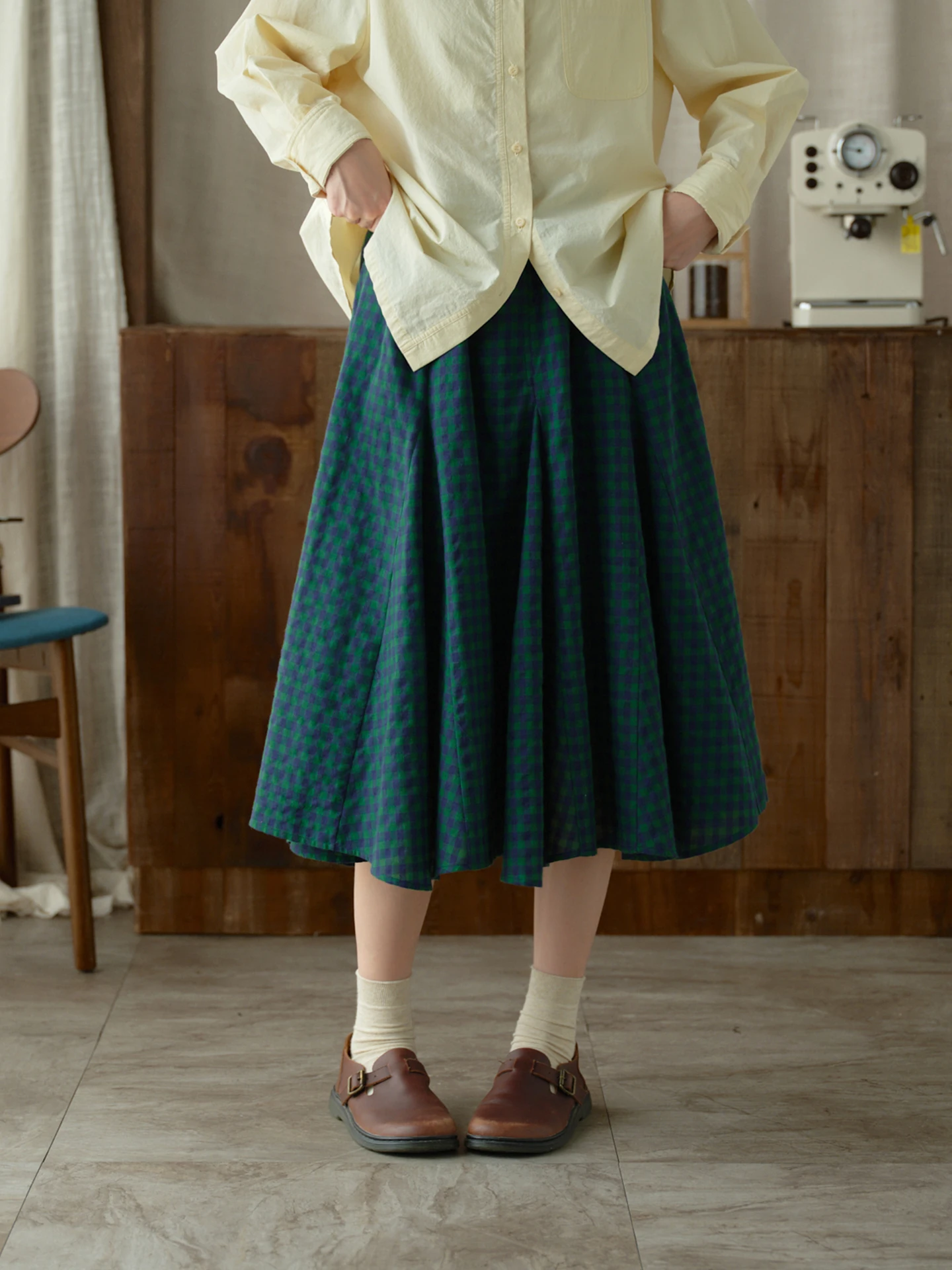 Original Cotton Linen Plaid Asymmetrical High Waist Umbrella Skirt Women's  Skirt Elegant Midi Skirt Sewing 