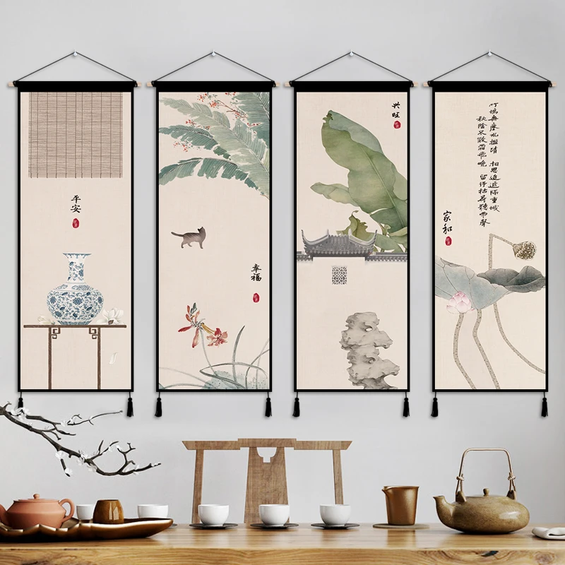 

Chinese Style Zen Lotus Hanging Cloth Wall Decoration Tapestry Living Room Background Hanging Painting Room Decor Aesthetic 4pcs