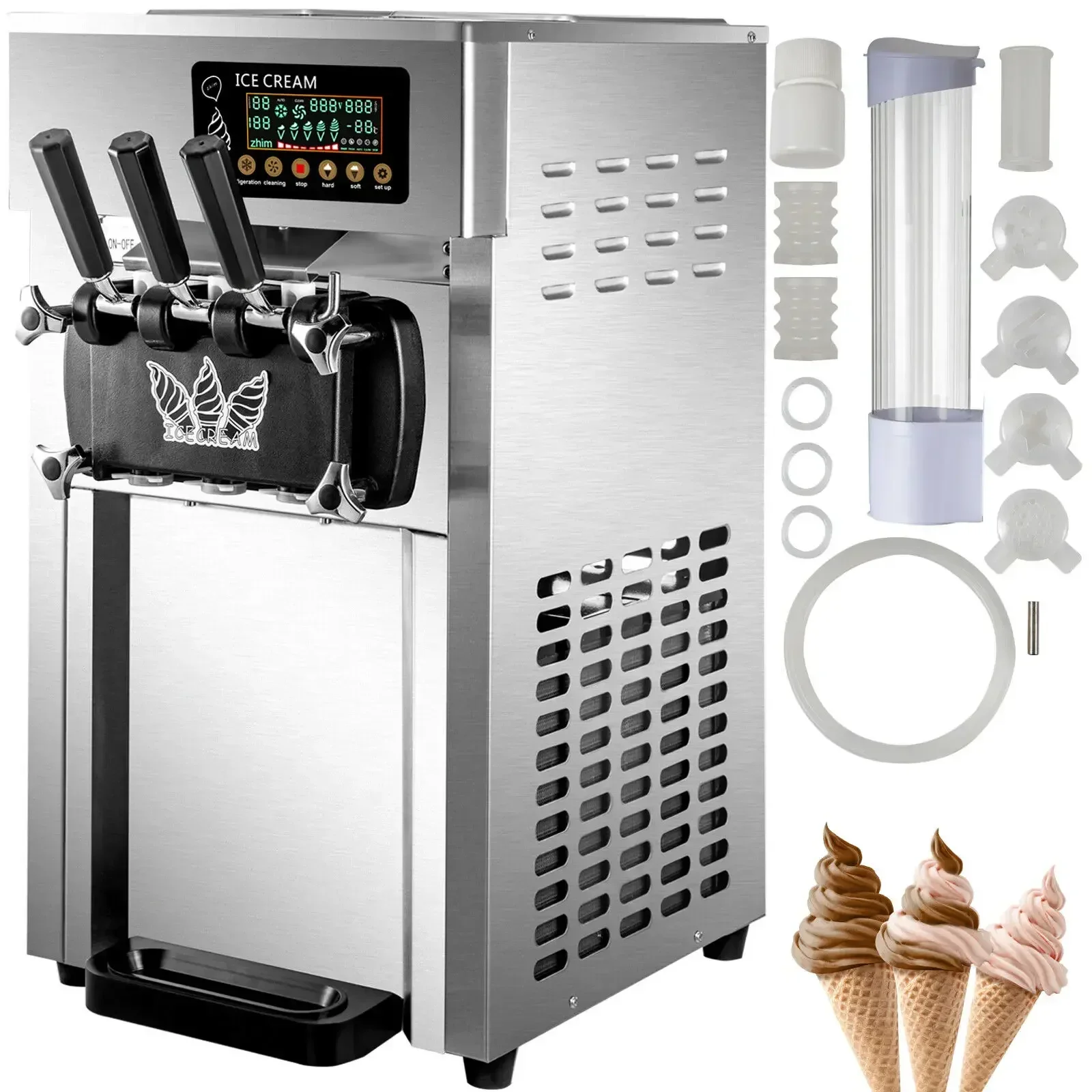 VEVOR A168 Commercial Soft Ice Cream Machine 3 Flavors 16-18L/H Ice Cream Soft Serve Maker 60HZ Lcd Panel One-click Cleaning