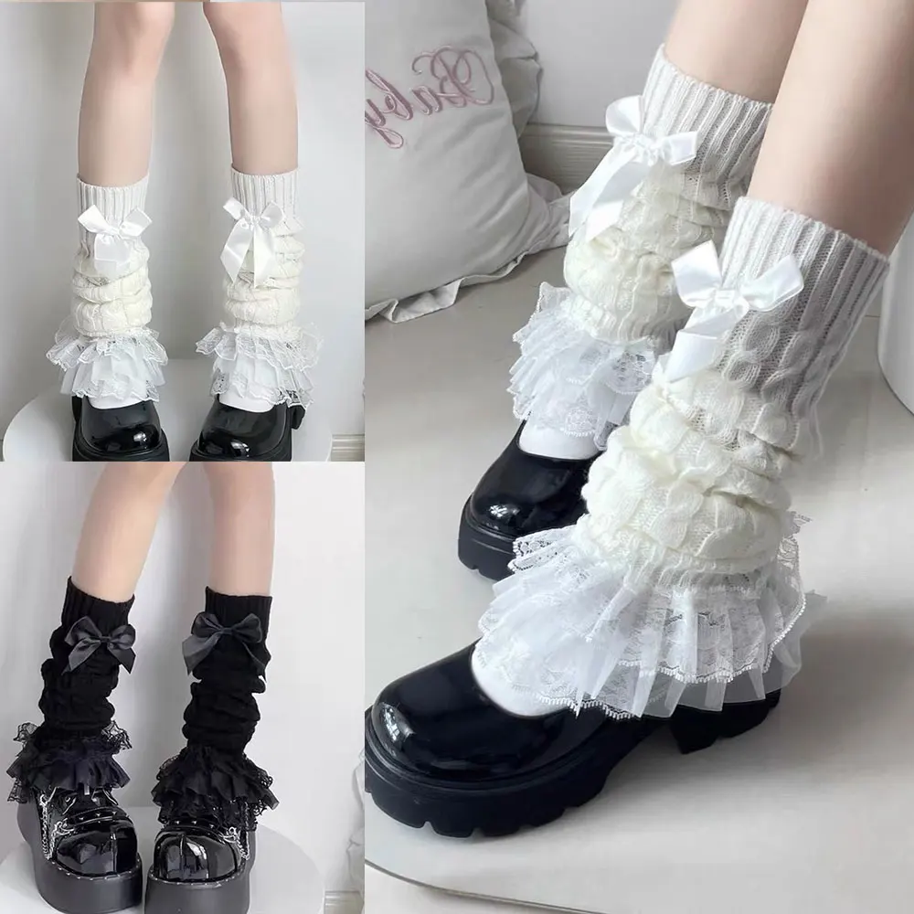 Cute Lace Flared Knitted Long Legs Warmers Y2K Leg Stockings White Harajuku Socks White Foot Cover Lolita Over Knee Leg Warmer