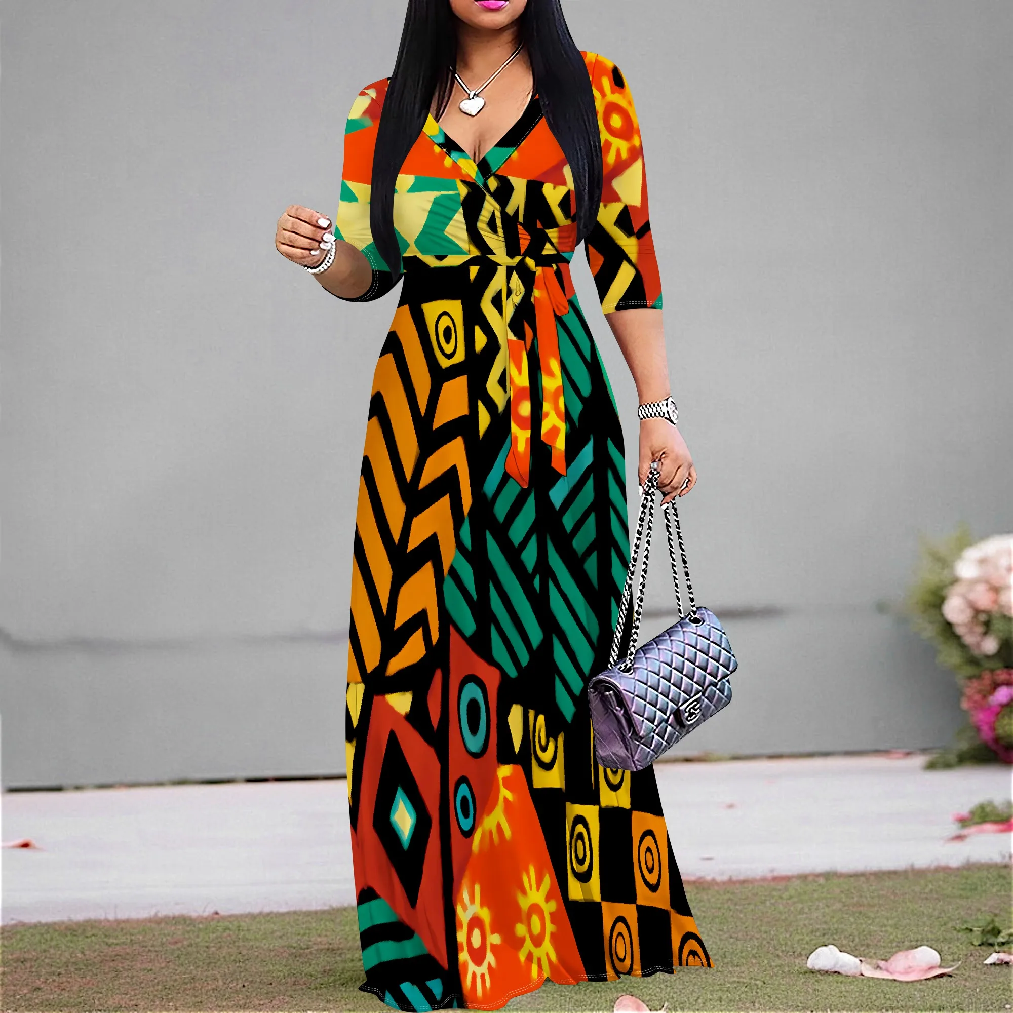 

Tribal Geometric Print Maxi Dress S-3XL V-Neck Wrap Style with Belt & 3/4 Sleeves for Kwanzaa, Afro Fest or Cultural Event Look
