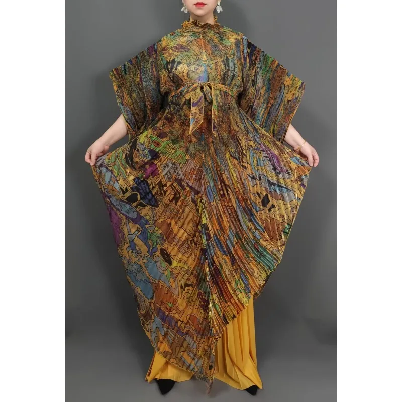 Nouveau Miyake grande taille Stretch femmes ensemble à manches longues chauve-souris cape robe droite jambe large pantalon 2 pièces Simple décontracté africain bal