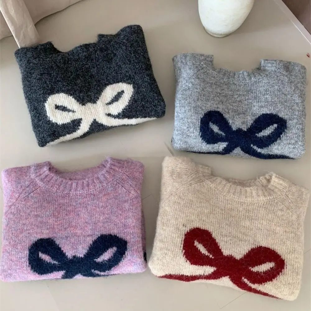 

Удобный мягкий пуловер с бантом, свитер с длинным рукавом, теплый вязаный свитер, милый модный жаккардовый свитер, Новый год