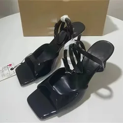 2024 TRAF Sandali con cinturini alla caviglia neri da donna Chic Décolleté a spillo con punta quadrata per le donne Estate eleganti scarpe col tacco alto Nuovo