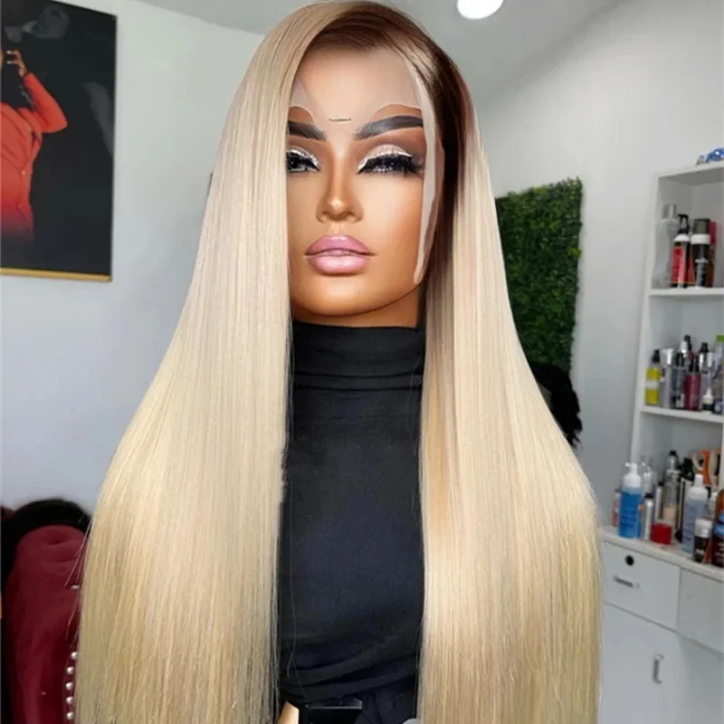 

26” Long Ombre Blond 613 180Density Straight Deep Lace Front Wig For Black Women Baby Hair Natural Hairline Preplucked Glueless