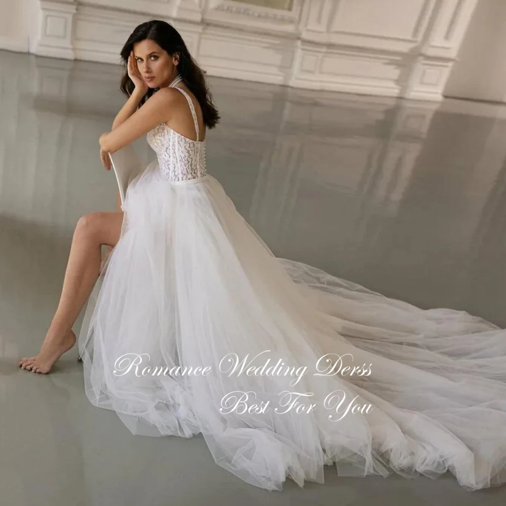 Apliques modernos a linha vestido de casamento 2025 renda com decote em v plissado aberto volta sem mangas cintas de espaguete vestidos de novia personalizado