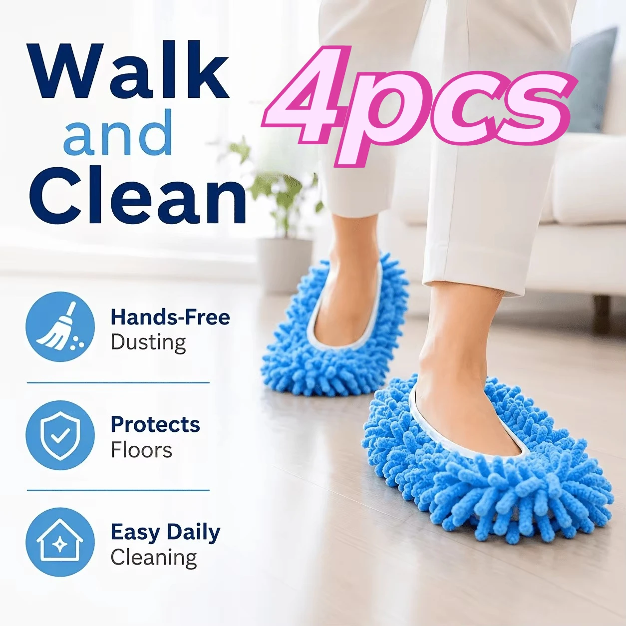 4PCS Floor Cleaning Mop Slippers, Soft Non-Slip Reusable Covers, Washable for Hardwood/Tile, Great for House/Gift