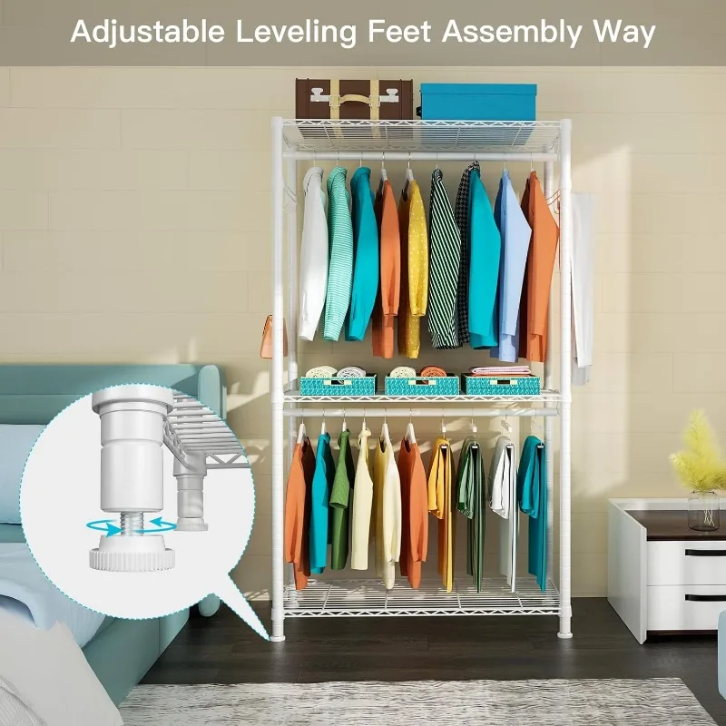 Portable Closets, 3 Tiers Heavy-Duty Rolling Garment Rack, Free-Standing Adjustable Clothes Storage and Organizer System