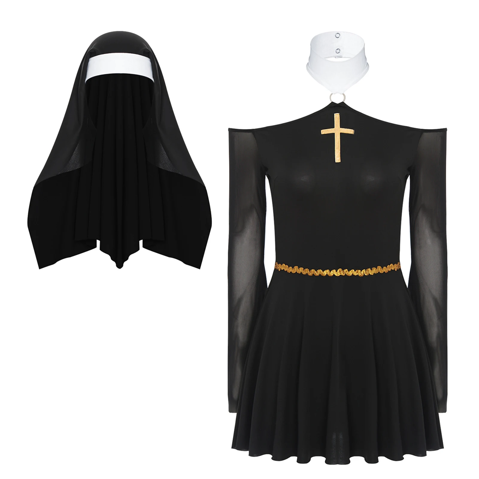 

Halloween Cosplay Outfit Womens Nun Role-play Dress with Coif O-ring Halter Mesh Long Sleeve Culottes Dress with Headscart Suit