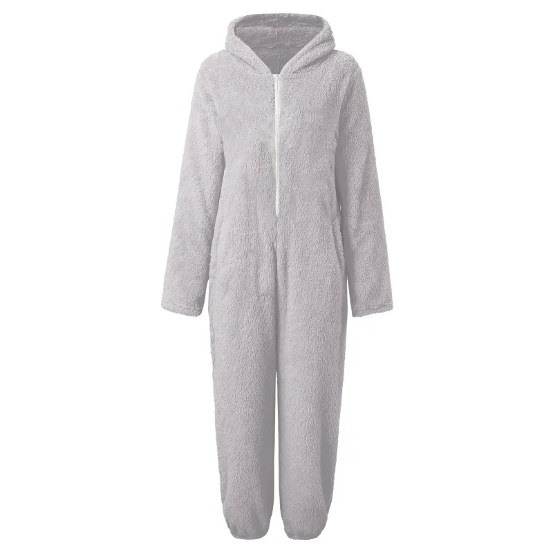 Winter Warm Sleepwear Women Loose Hooded Jumpsuit Casual Pajamas Solid Zipper Artificial Wool Long Sleeve Solid Pajamas