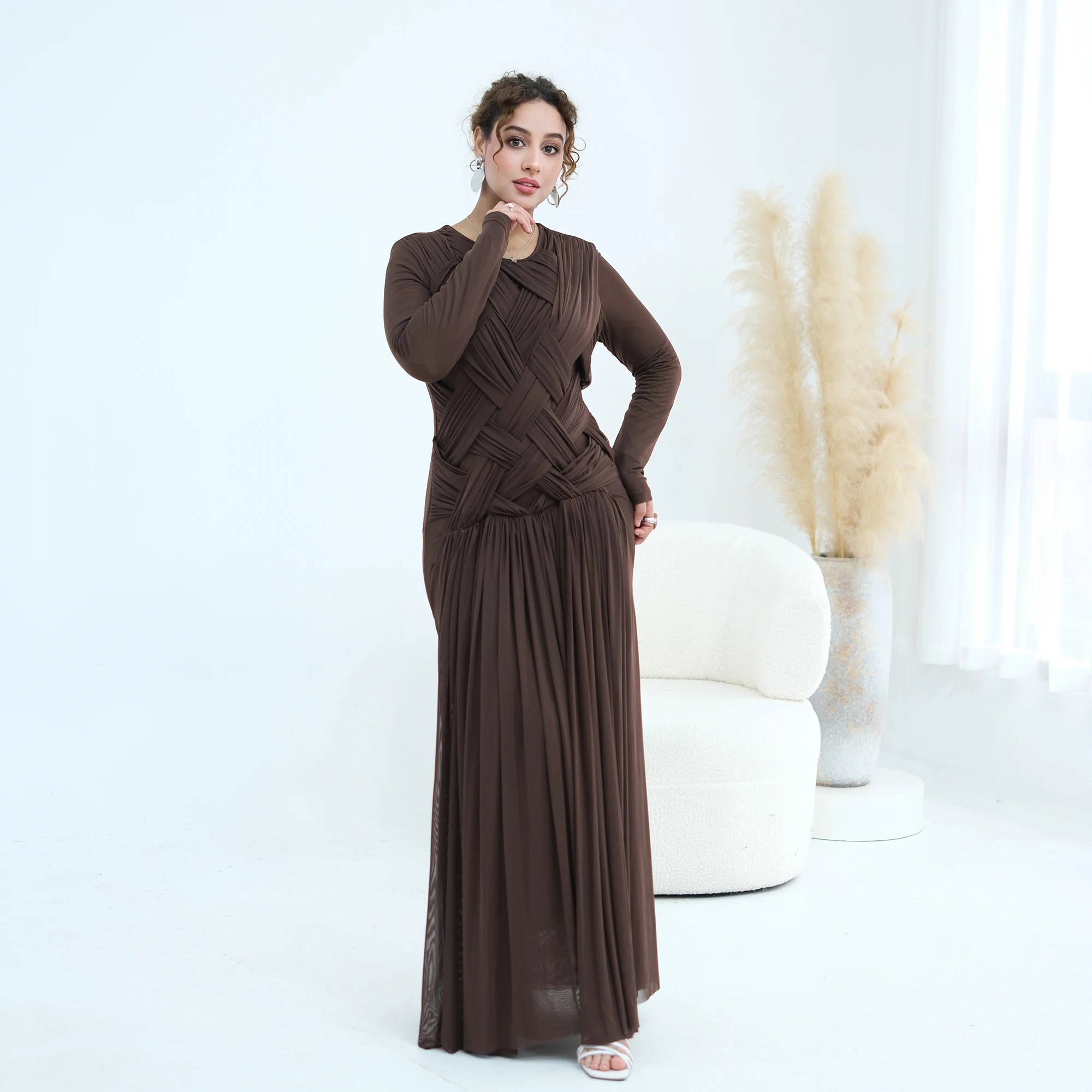 Eid Events Evening Gala Party Slim-Fit Maxi Dress Dubai Muslim Women Gown-Interwoven Bodice Pleated Skirt Sleek Minimalist Back