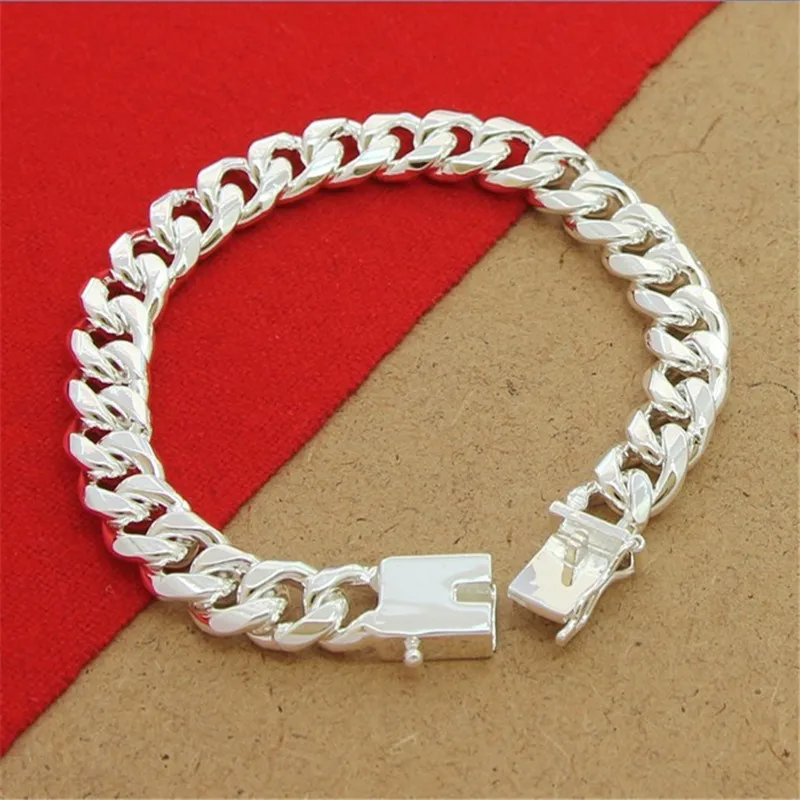 

Fashion 925 Sterling Silver Jewelry 10MM Square Clasp Cuban Bracelet, Luxury Banquet Engagement Party Gift For Women And Man