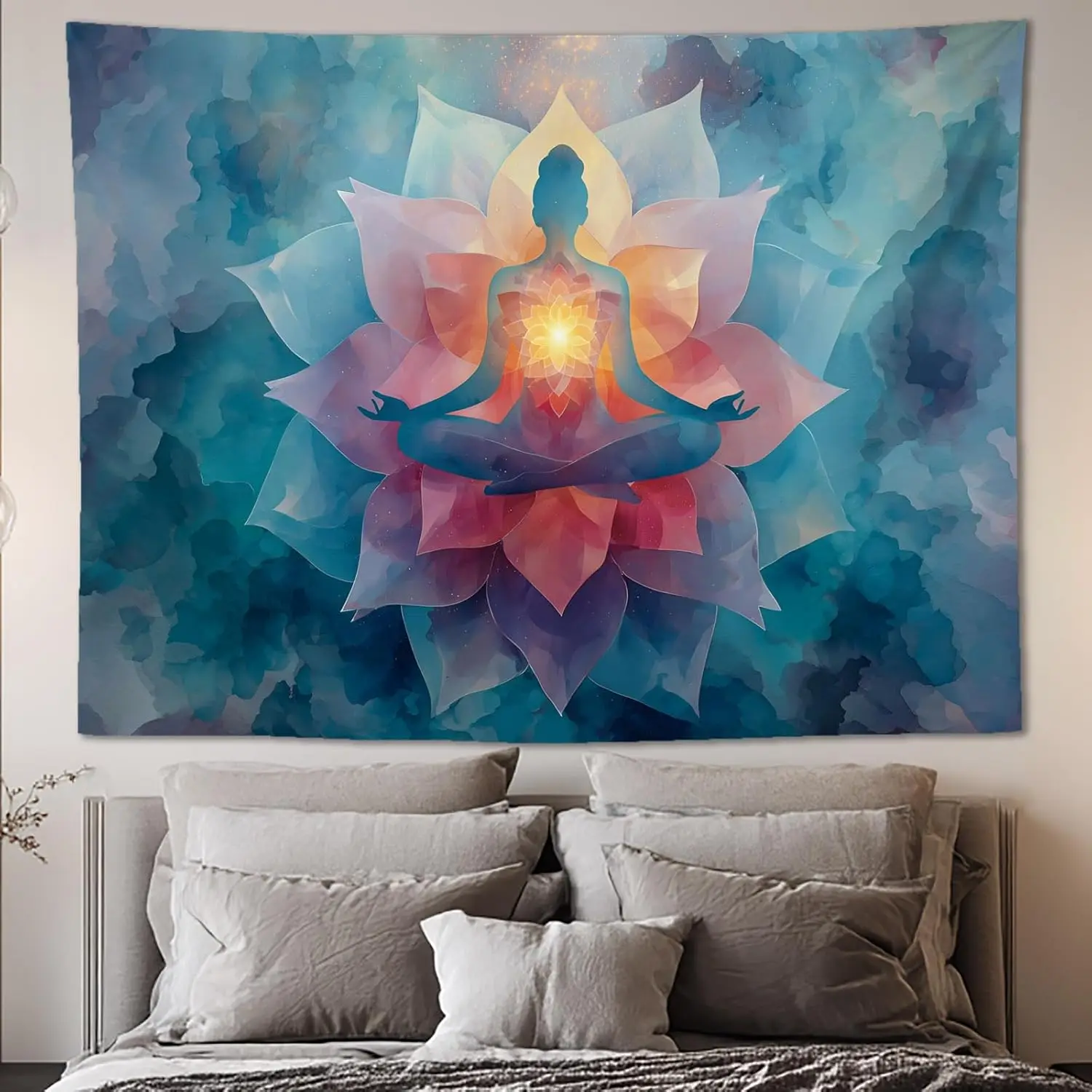 Tapisserie murale de méditation – Décoration murale spirituelle avec motif de fleur de lotus éclatant, tapisseries pour salle de yoga et de pleine conscience