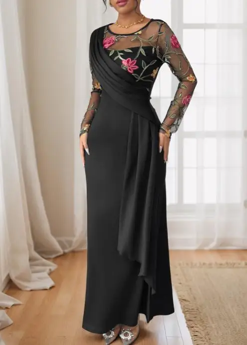 

2025 Autumn Latest Hot Selling Style Elegant New Vintage Style Round Neck Mesh Embroidered Splicing Long Sleeve Dress for Women