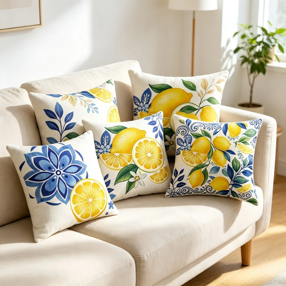 Summer Lemon Floral Pillow Covers Mediterranean Style Linen Cushion Cover Decorative Throw Pillowcase For Sofa Couch Home Decor