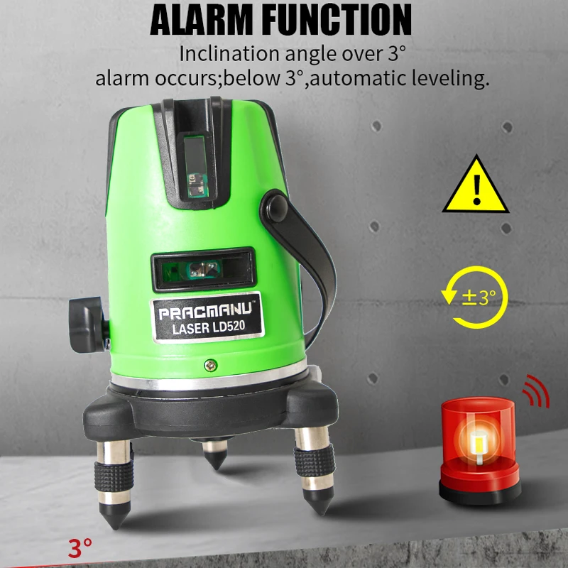 PRACMANU 5 Lines Laser Level Green Beam 360 Self Leveling Horizontal And Vertical Cross Line Level with Rotary Base