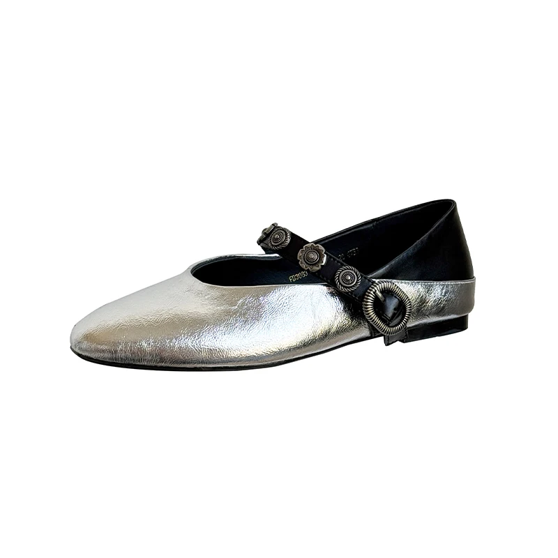Handmade Genuine Leather Cowhide Womens Shoes,Low Heels Mary Jane shoes,Fashion Flat Silver Shoes