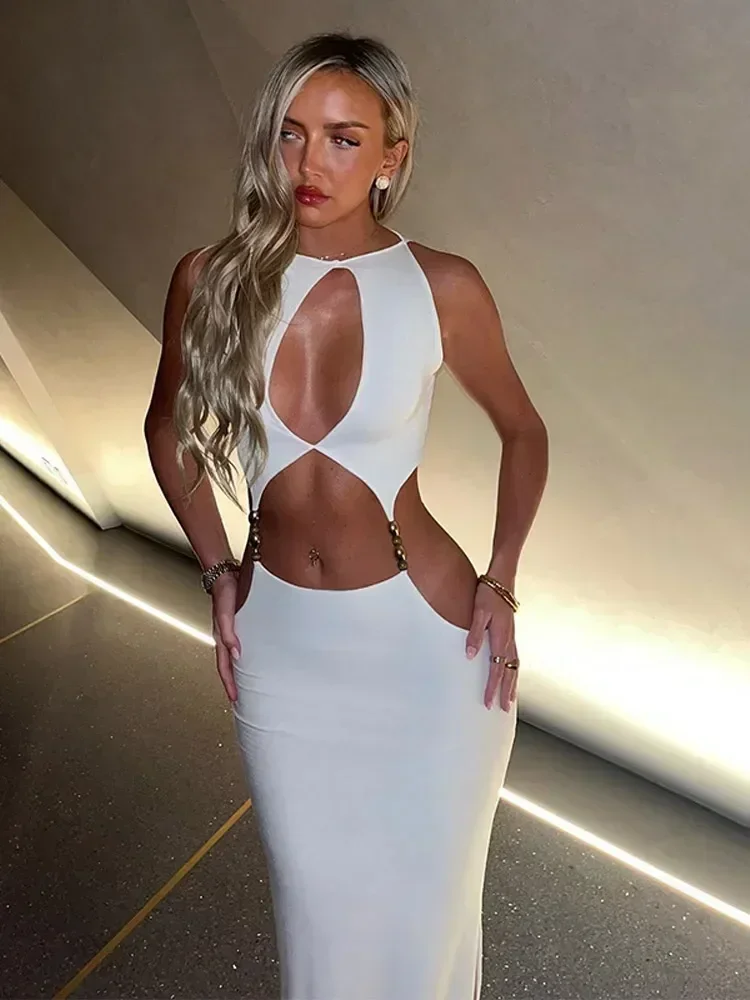 Sexy Hollow Out Halter Maxi Dress For Women Fashion White O Neck Sleeveless Bodycon Spliced Long Dresses Female Night Party Robe