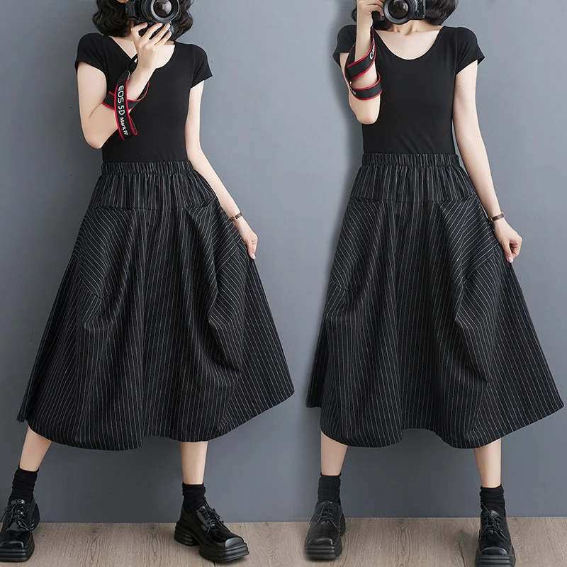 High Waist Wide Leg Pants Women's plus Size Casual Striped Versatile Summer Loose Fit Trousers Skirts Korean Style Commute