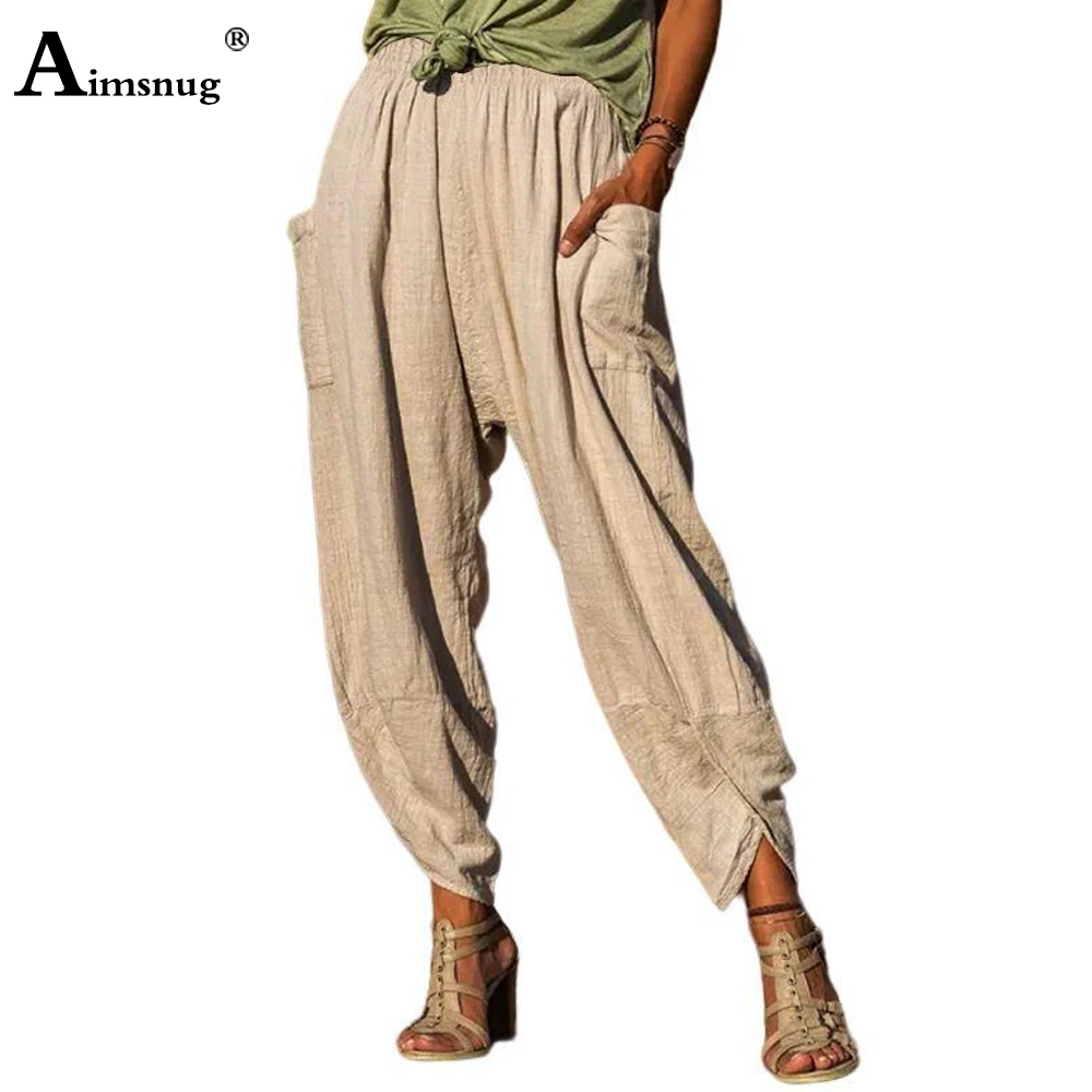 2024 Spring Women Stand Pocket Bloomers Apricot Soft Cotton Linen Pants Womens Vintage Harem Pants Solid Elastic Waist Trouser