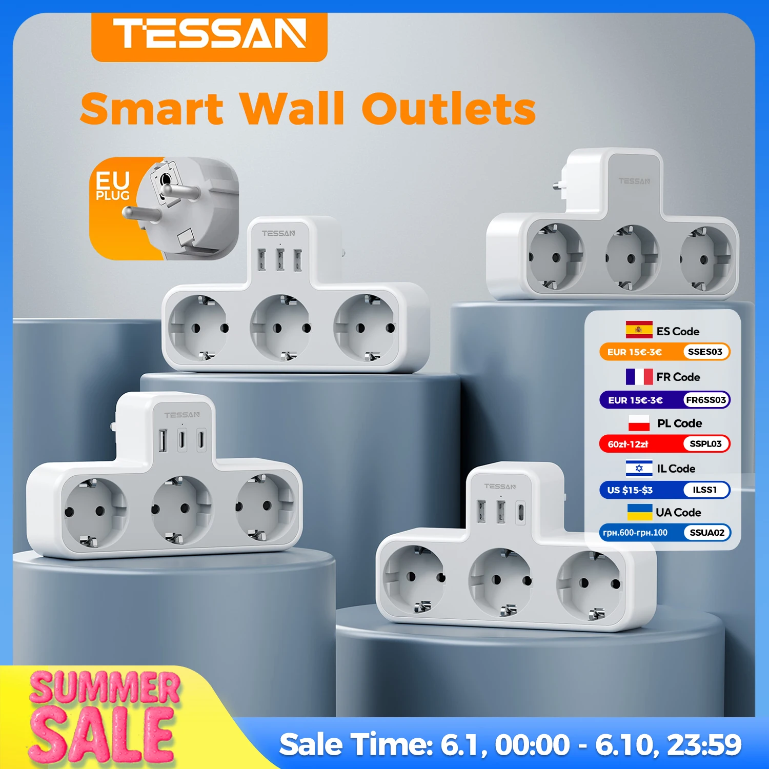 

TESSAN EU Plug Wall Socket Extender with 3 AC Electrical Socket with Overload Protection Wall Outlet Smart Plug Adapter for Home